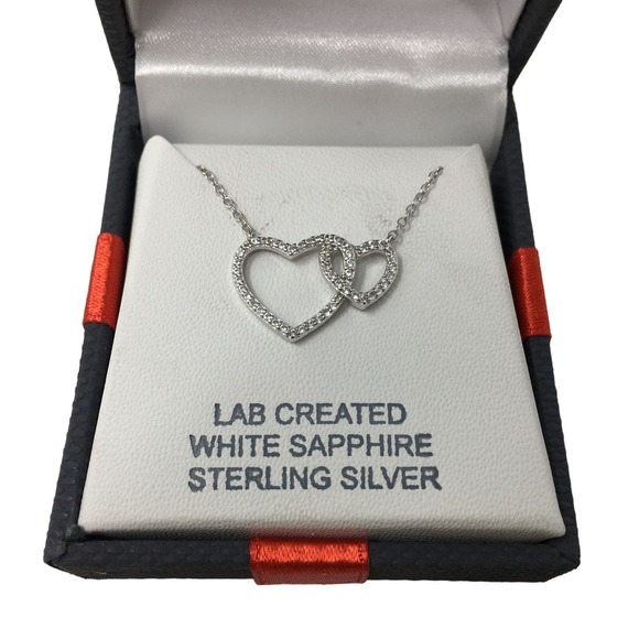 JC Penny Sterling Silver Lab Created White Sapphire Double Heart Necklace - Silv